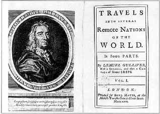 Фронтиспис (с 
изображением Гулливера) и титульный лист книги Дж.Свифта «Путешествия 
Гулливера»). Английское издание 1726 г.