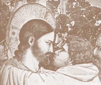 Джотто. "Поцелуй Иуды". Фрагмент фрески. Между 1305 и 1313 гг.